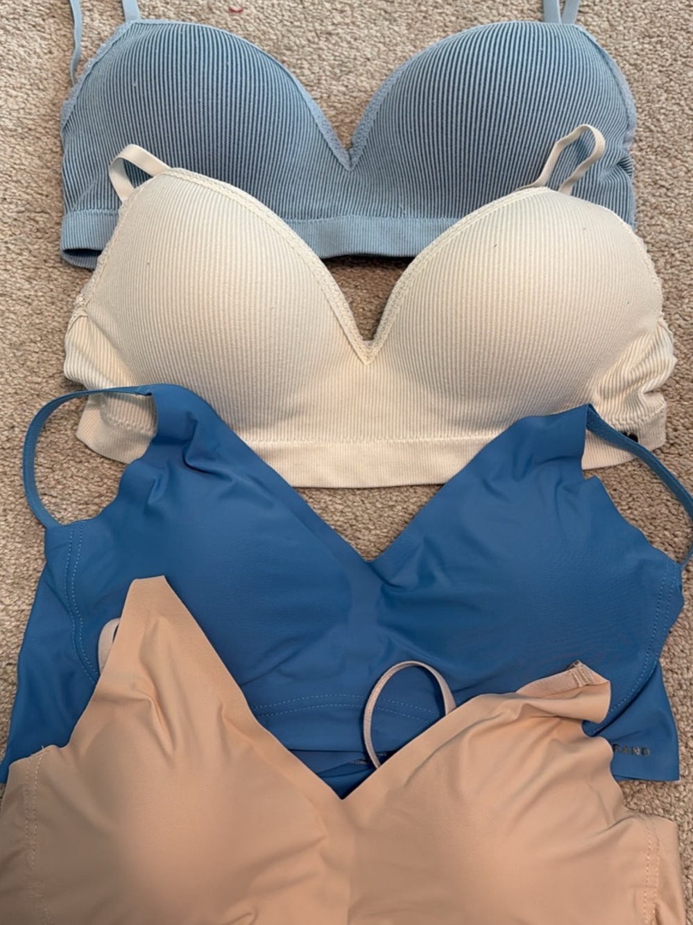 Lucky Brand Ribbed and Smooth Bralette Set - Blue, Cream, Nude